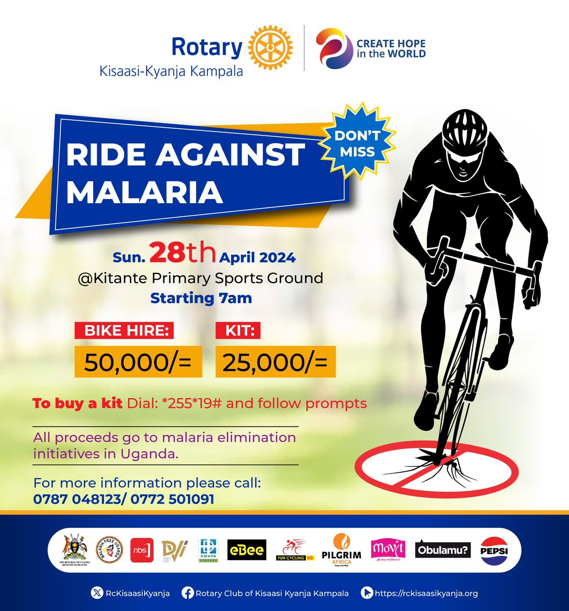 APPRECIATION POST:
We would like to thank all our partners and sponsors for the #RideAgainstMalaria.
<a href="/MinofHealthUG/">Ministry of Health- Uganda</a> <a href="/nbstv/">NBS Television</a> <a href="/MalariaFreeUG30/">Malaria Free Uganda - MFU</a> @DviUganda DMARK <a href="/eBee_Uganda/">eBee.uganda</a> <a href="/FunCyclingUg/">Fun Cycling UG</a> Pilgrim Africa @MovitProductsUg <a href="/PepsiUganda/">Pepsi Uganda</a> <a href="/ObulamuUganda/">Obulamu</a>. 

It's all been because of you.