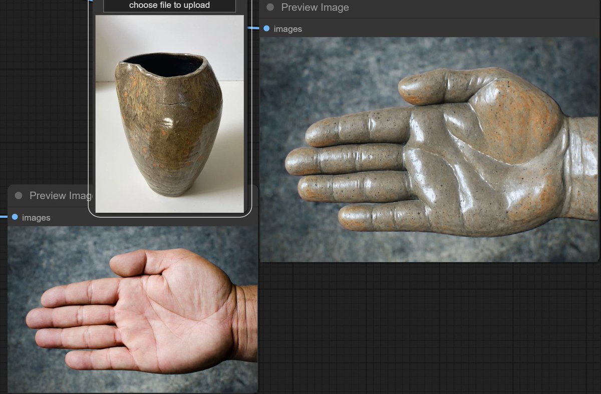 I'm playing with a simple workflow that can transfer the material from a reference like that vase to the input image like that real hand...and create a ceramic hand.
I'm thinking of making a short tutorial and sharing the workflow next week...