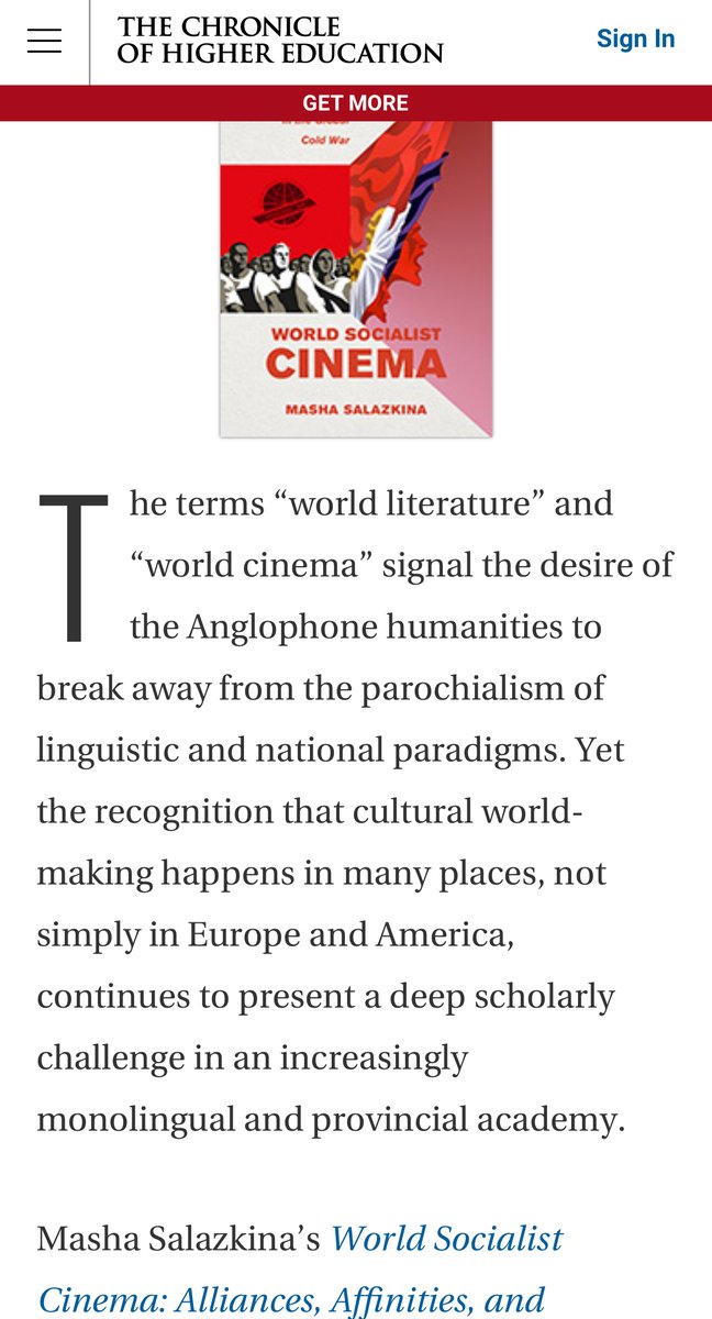 Incredibly proud that Masha Salazkina's World Socialist Cinema book is named The Chronicle's Best Scholarly Books of 2023. The book is open access (link below). Solidarities of the kind Masha tracks all the more necessary now. Congratulations Masha!!! chronicle.com/article/the-be…