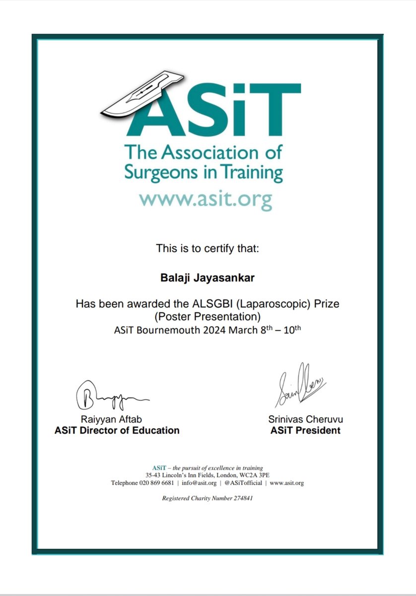 Congratulations to Balaji Jayasankar for winning the @ALSGBandI (Laparoscopic) Prize (Poster Presentation) at the recent @ASiTofficial annual meeting 👏