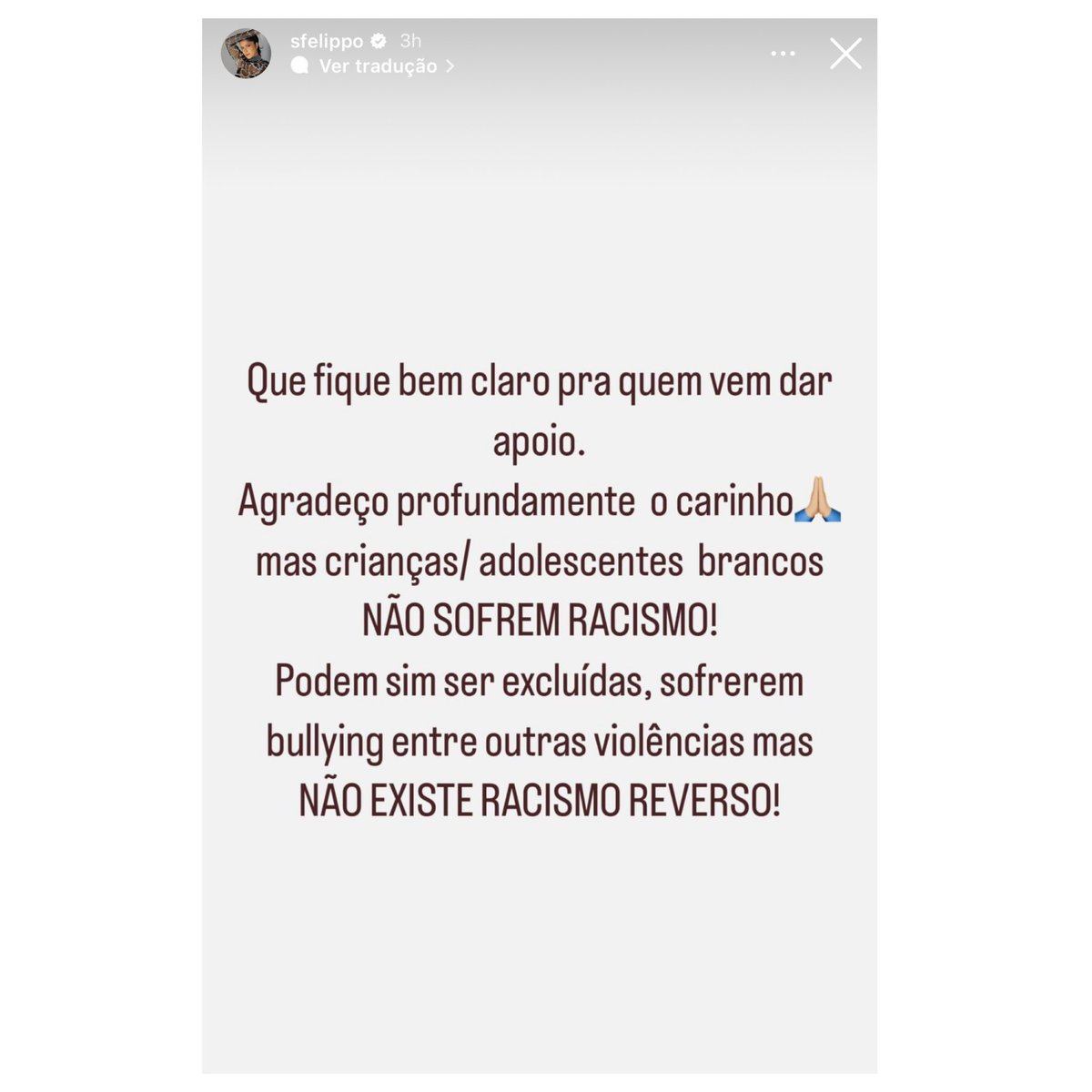 🚨VEJA: Samara Felippo desabafa após as filhas sofrerem racismo na escola: “Que fique bem claro pra quem vem dar apoio. Agradeço profundamente o carinho, mas crianças/adolescentes brancos não sofrem racismo (…) Não existe racismo reverso.”