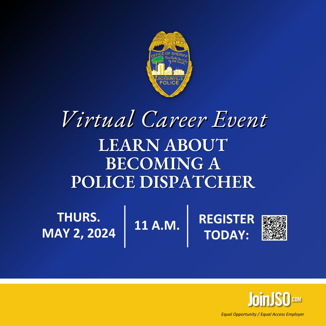 We're just days away from the next #Virtual Career Event highlighting the role of a Police Dispatcher for the Jacksonville Sheriff's Office. 📅 Thursday, May 2, 2024 | 🕚 11 a.m. - 12 p.m. In this webinar, attendees will get to hear about the ins and outs of the position. HR…