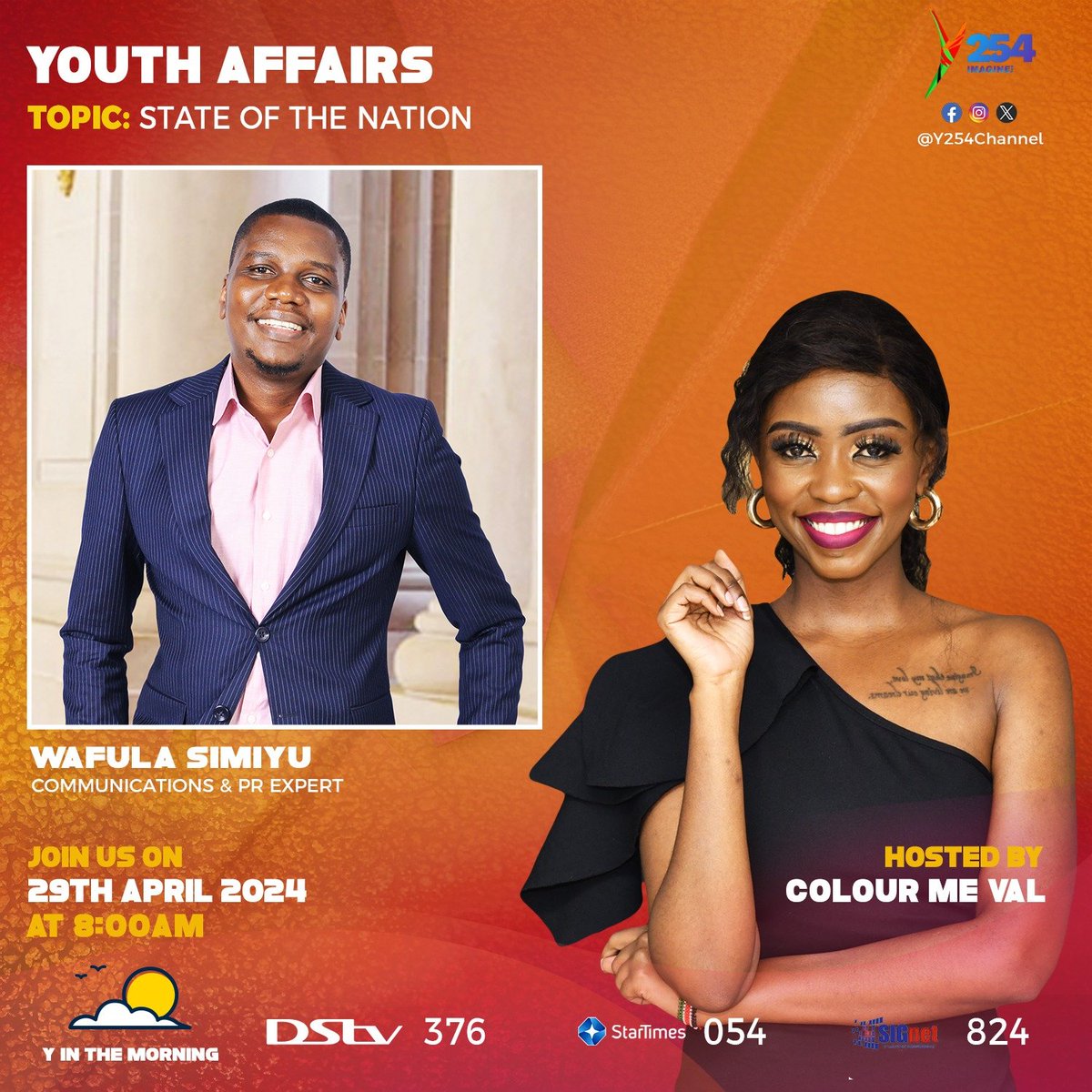 Tune in tomorrow morning for #YInTheMorning with Stephanie Ayieta, Brian Sakwa and Colour me Val as they discuss politics, youth and career. ^NK