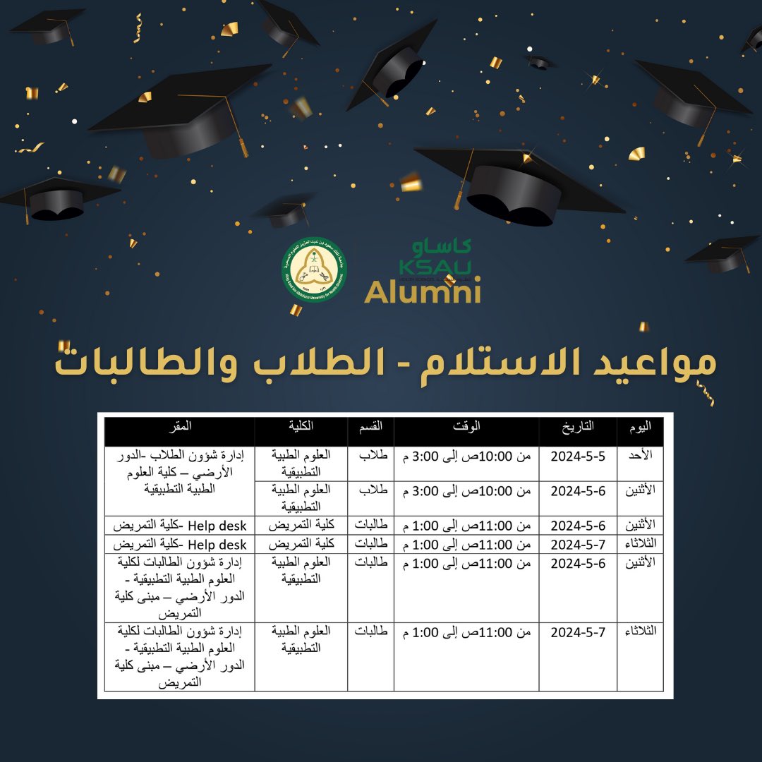KSAU_HS_Alumni's tweet photo. @Dr_b_almuqbil @KSAU_DSA 📣 أعزائنا خريجي كاساو بالمدينة الجامعية بالأحساء 

سيتم تسليم عبايات ومشالح التخرج بالموعد والموقع المحدد بالجداول👇🏻🎓 https://t.co/AjOJRxCFqr