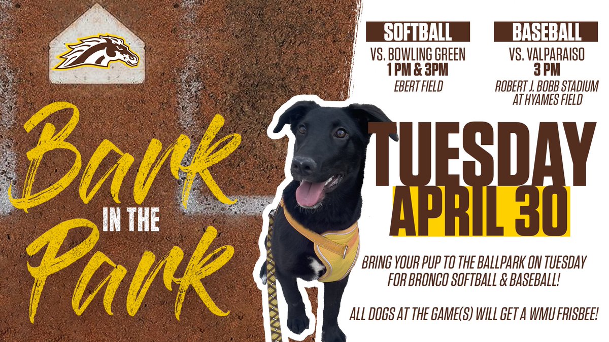 Make sure to join us Tuesday at Ebert Field as we close out the regular season vs. Bowling Green for our 'Bark in the Park' DH at 1 & 3PM! 🎟️bit.ly/49eVnbV #BroncosReign