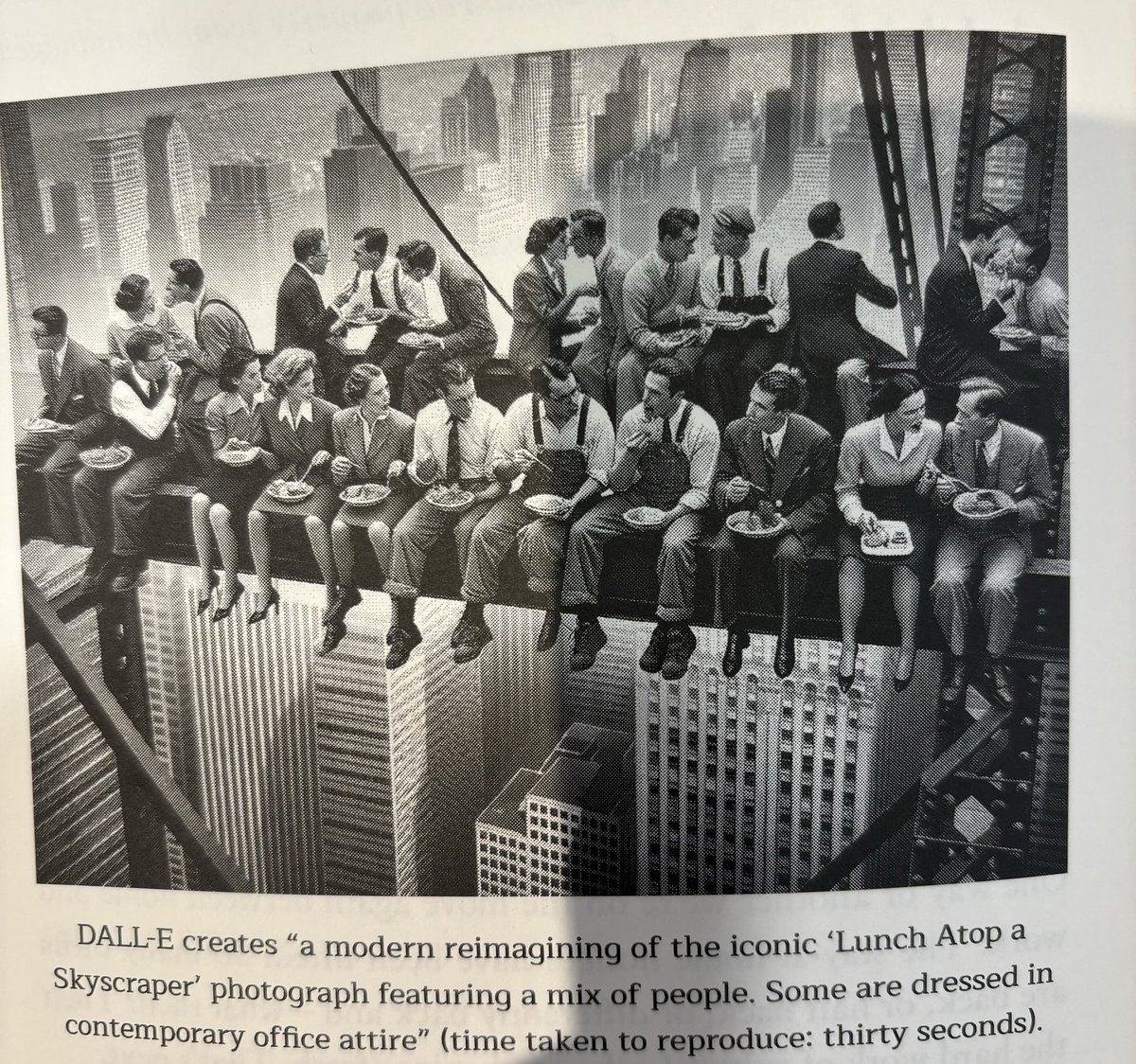 Find your favourite movie. Or music track. Or novel. Is there something about work in there? this is Chat GPT's rendition in my book (yes it's illustrated) of 'Lunch Atop a Skyscraper' which is now also a tourist attraction (called The Beam) #workingassumptions @rockcenternyc