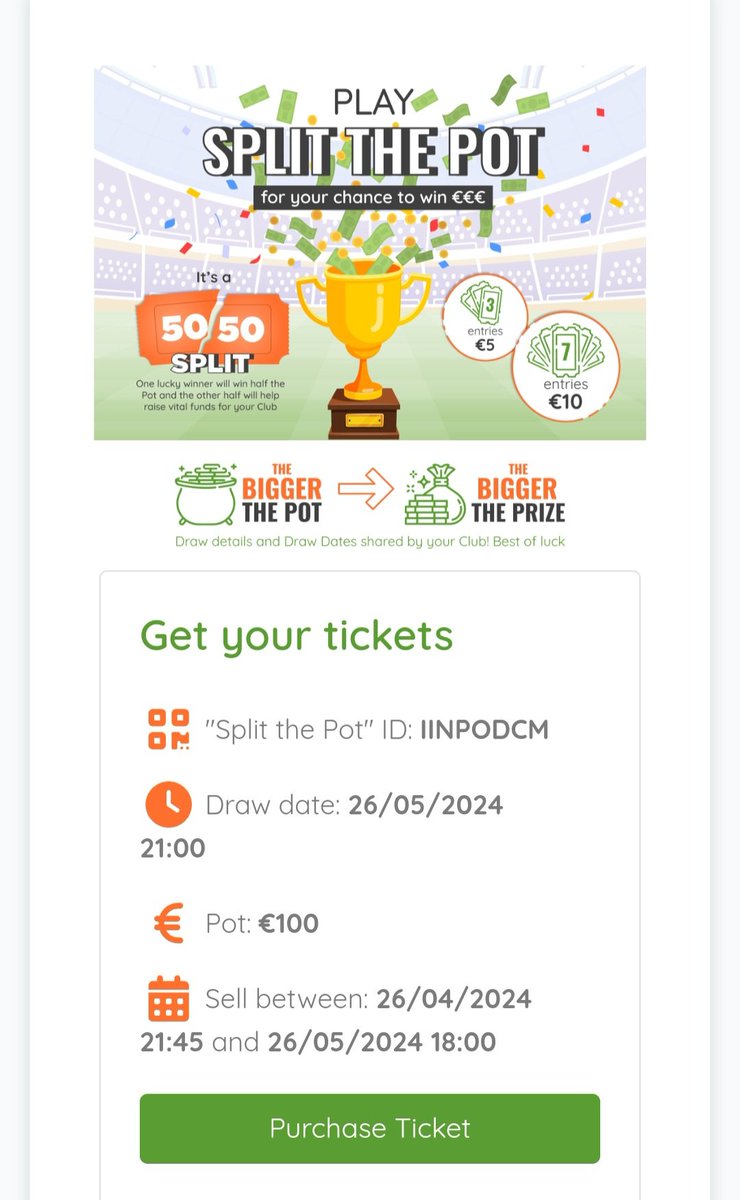 Longwoodafc's tweet photo. SPLIT THE POT
The Bigger the Pot- The Bigger the Prize💰
One guaranteed winner each month.
Pot currently at €100
Draw to take place 26th May
Get your tickets for your chance to win €€€€€
#splitthepot #guaranteedwinner #draw #inthemoney #5050split
#LongwoodAFC https://t.co/cwaovqFGK1