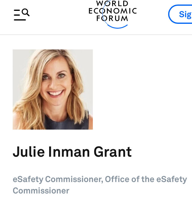 @BillboardChris @tweetinjules 🟦 Wut? Julie Inman Grant. You don’t say. Why would a WEF puppet promote censorship?