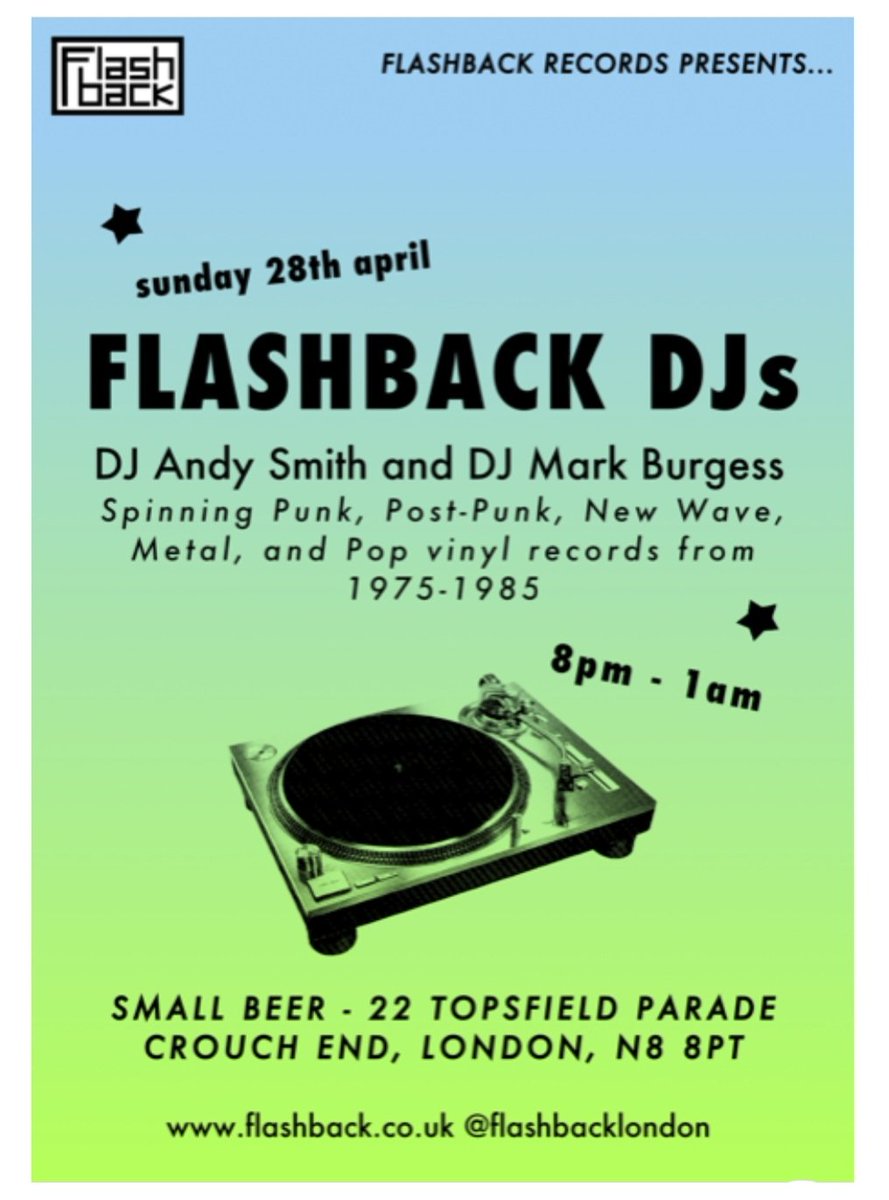 Tonight Sunday 28th April @smallbeern8 in Crouch End myself & @mark.burgess.flashback playing Rock/ Pop/ Punk / Metal/ New Wave/ 2 tone & more tunes from 1975 to 1985.  8.00pm - 1.00am. You know it makes 'good good sense' ! #smallbeer #crouchend #rock #pop #newwave #punk #metal