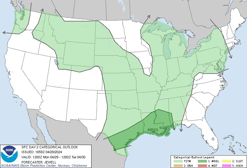 12:01pm CDT #SPC Day2 Outlook Marginal Risk: lower Mississippi Valley into parts of southeastern Texas spc.noaa.gov/products/outlo…