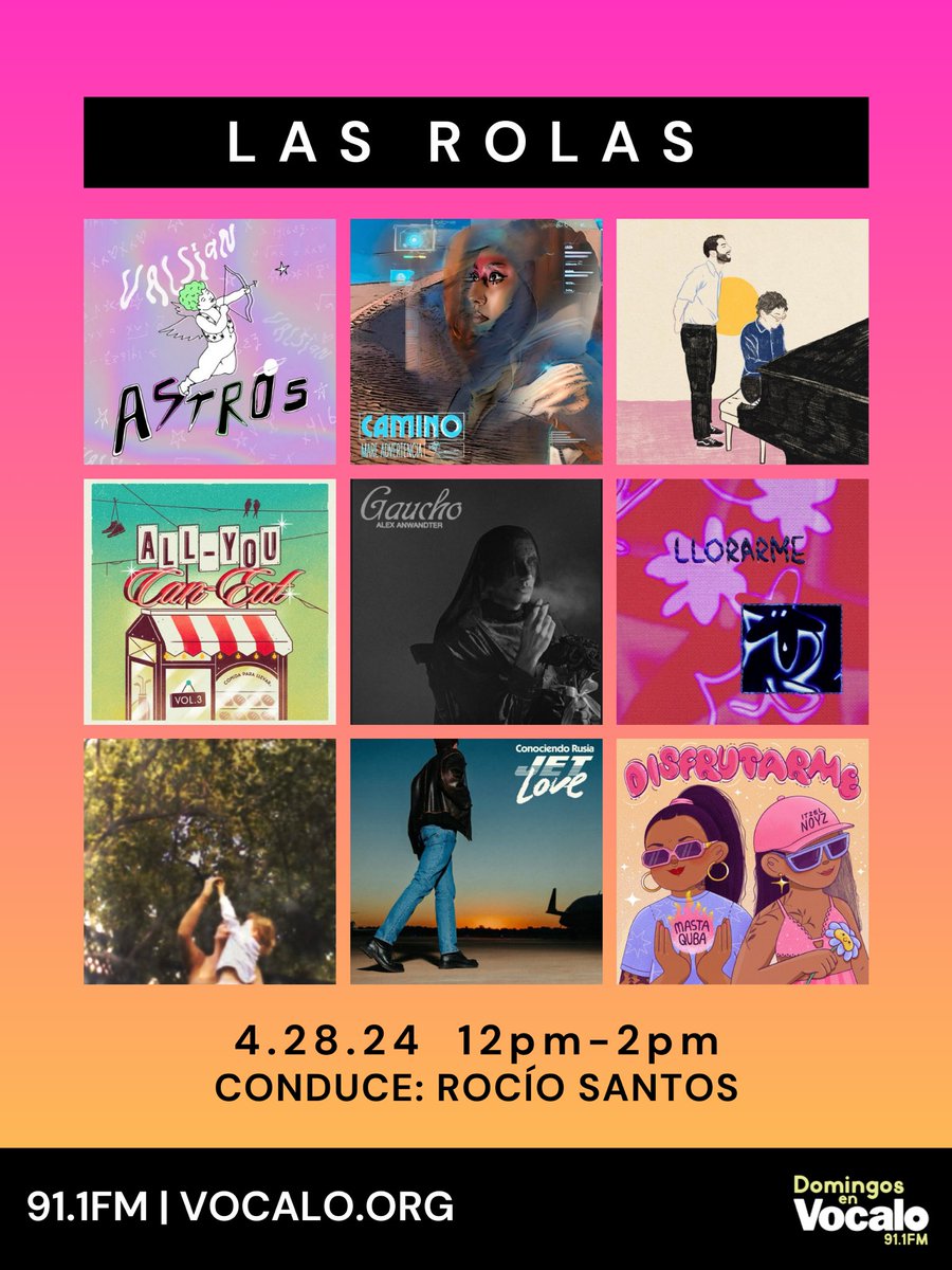 🌟¡FELIZ DOMINGO!

🎧De 12pm-2pm, escucha #Lasrolas: 
un cóctel sonoro de nueva música presentada x <a href="/roxyosounds/">🎧 𝐑𝐨𝐜í𝐨 𝐒𝐚𝐧𝐭𝐨𝐬🎙️🎚️</a>🎶

📡Sonando de Chicago para el mundo📶

📻91.1FM▶️vocalo.org