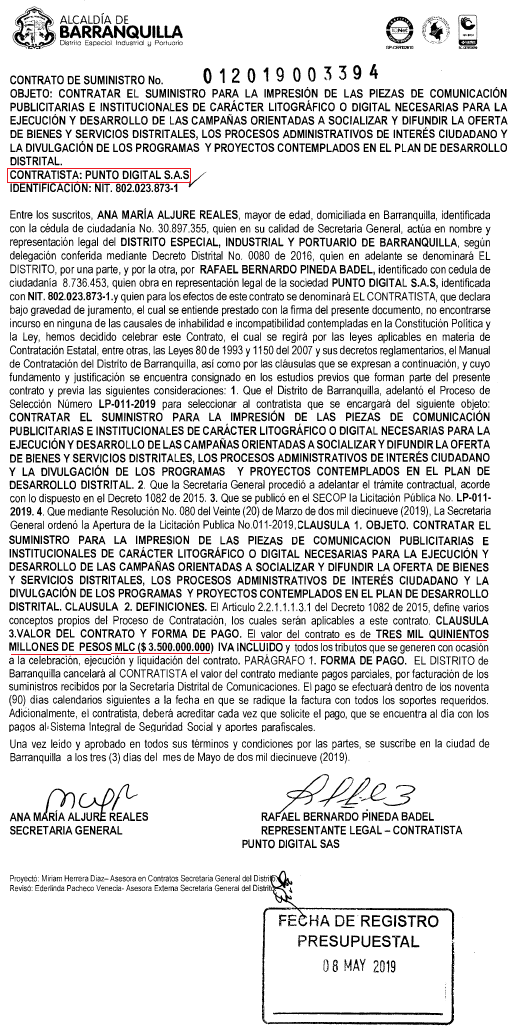 Hay una empresa muy beneficiada por los Char llamada Punto Digital que hizo publicidad a Arturo Char por valor de 52 millones para su campaña al Senado y luego le dieron un contrato en la Alcaldía de Alex Char por 3500 millones. La Fiscal Adriana Camargo puede investigar el caso.