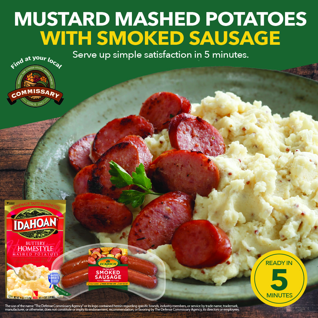 Pair Idahoan Mashed Potatoes with Eckrich Smoked Sausage for a budget-friendly, 5-minute hearty family meal! Recipe: idahoan.com/recipe/mustard… #commissarysavings