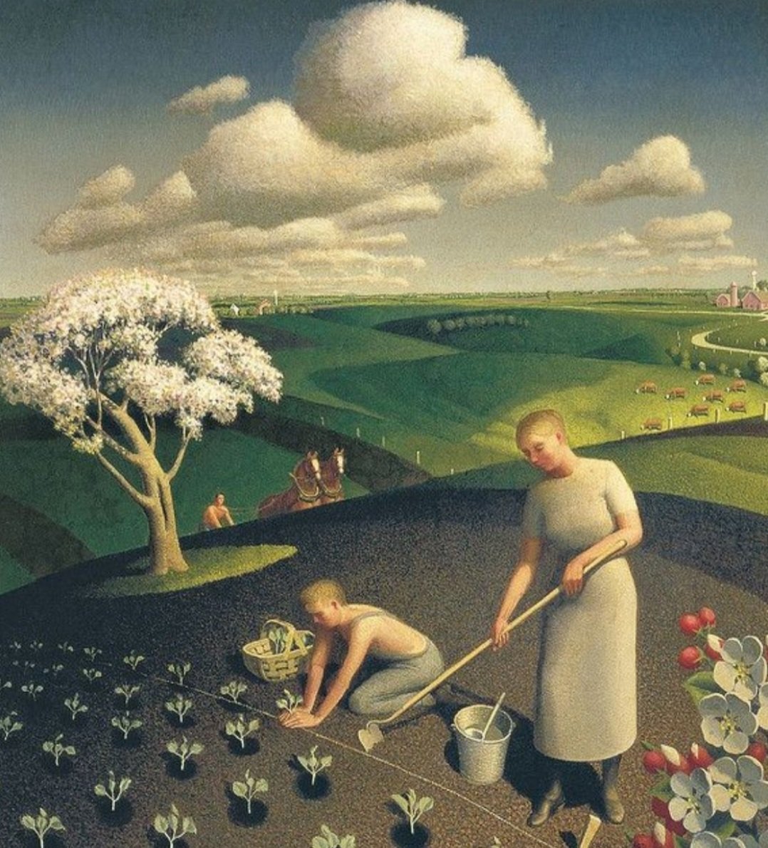 'Spring in the Country,' (1941) is a classic example of Grant Wood's signature Regionalist style depicting the picturesque rolling hills of his native Midwest. Regionalism emerged out of the confusion and suffering caused by the Great Depression of the 1930s, stirred by the