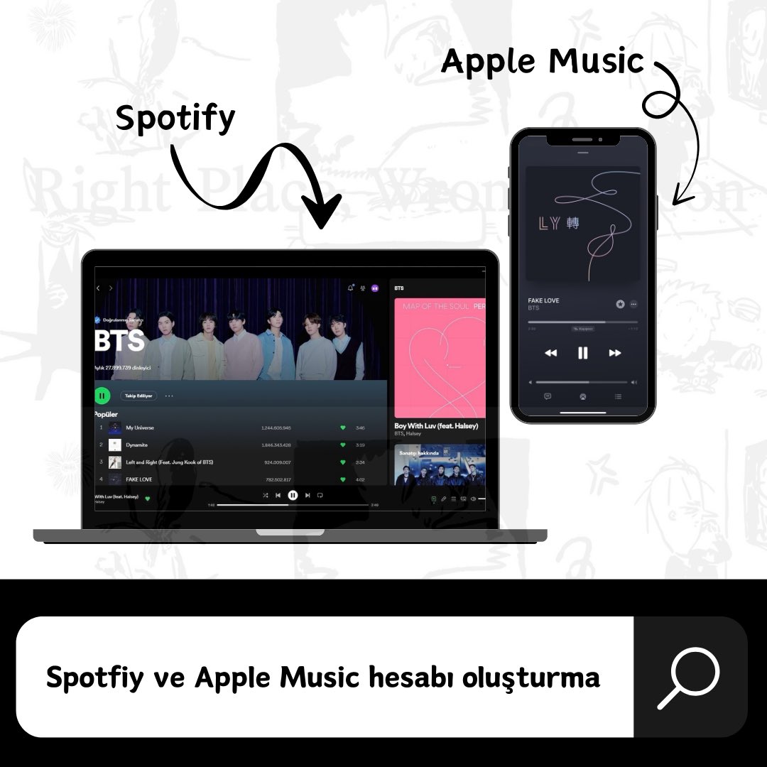 💥 HESAP AÇIYORUZ 💥 RM’in yeni albümü '#RightPlaceWrongPerson' için stream hesaplarınız hazır mı? Hadi Army stream için Spotify ve Apple Music’ten birden fazla hesap oluşturun.