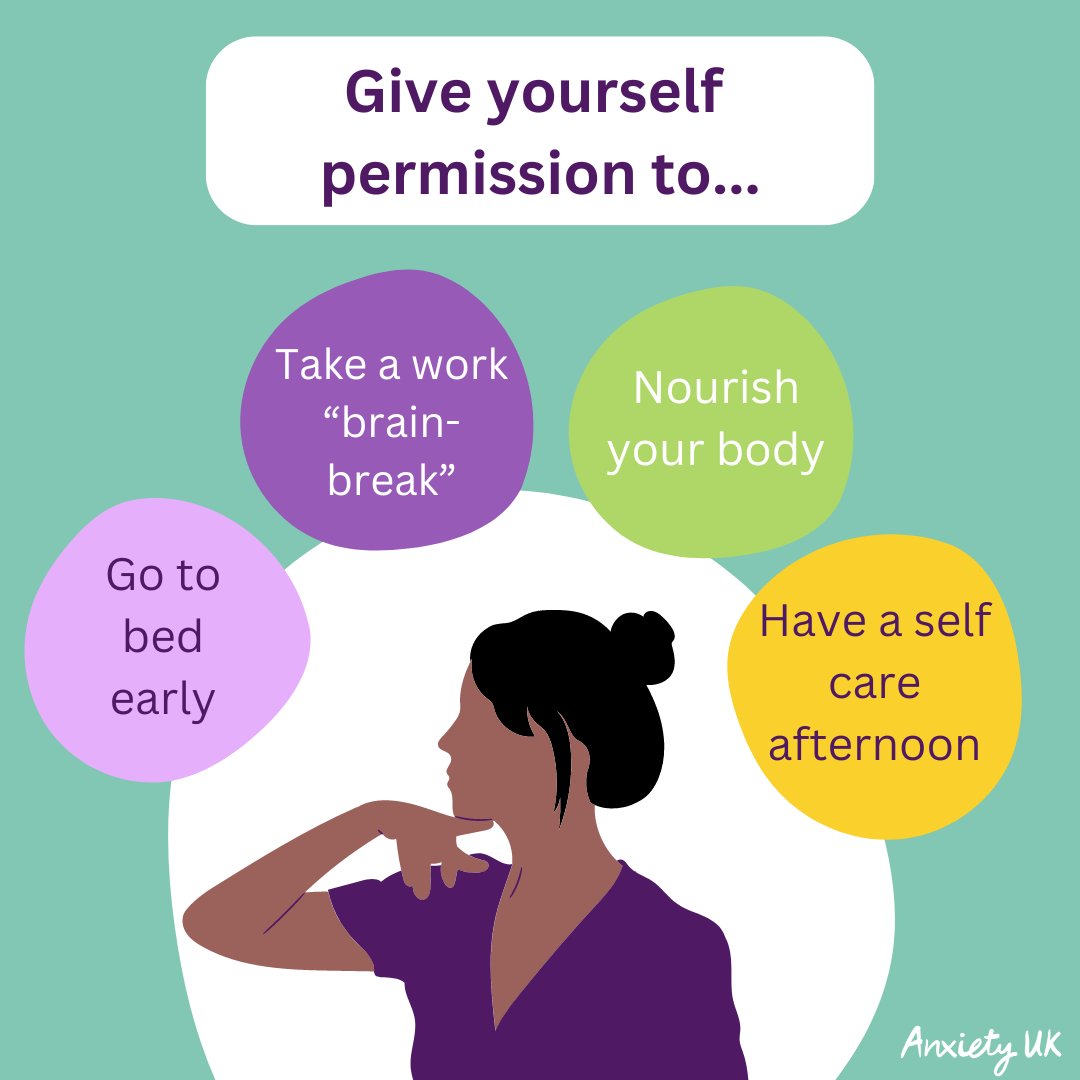 When anxiety seems to be running the show, remember to give yourself permission to... 😴 Go to bed early 🧠 Take a work break where you focus on something calming 🍲 Nourish your body with yummy nutritious food 🥰 Take time to care for yourself #anxietyuk #wellbeingtip