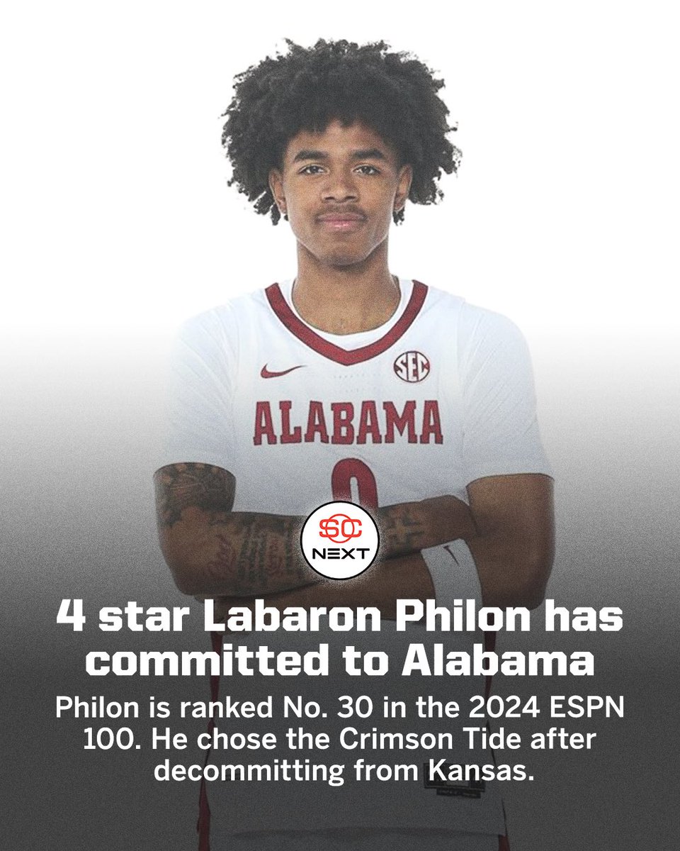 4⭐️ Labaron Philon (no. 30 ESPN 💯) has committed to Alabama 🐘 #RollTide @LabaronPhilon | @AlabamaMBB