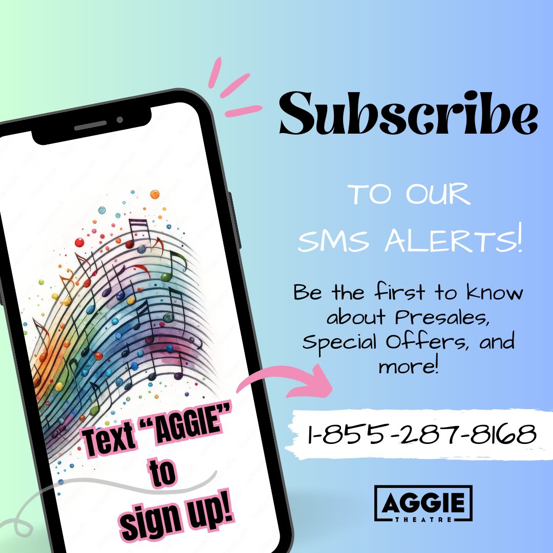 Sign up for our SMS alerts to be the first to know about new shows, discounted tickets, special offers, exclusive Presales, flash-sales, and more at the @aggie_theatre! Text 'AGGIE' to 1-855-287-8168 to sign up!