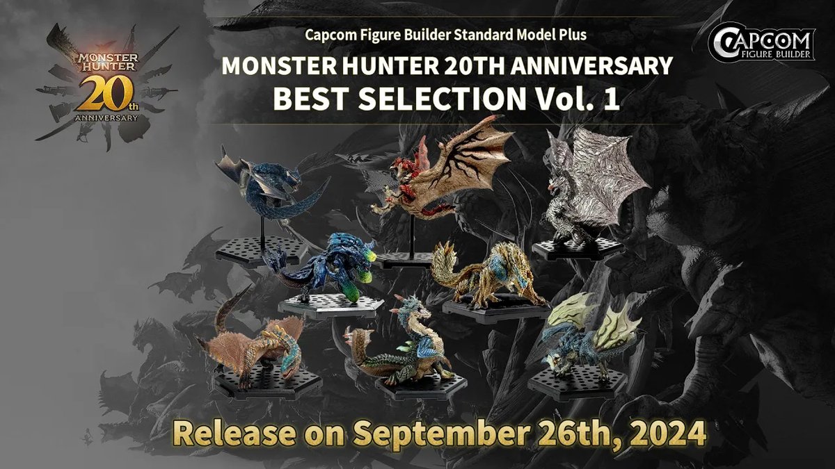 monsterhunter's tweet photo. To commemorate 20 years of the Monster Hunter franchise, we're rereleasing some of our most iconic monsters in the Capcom Figure Builder Standard Model Plus line in two collections on September 26th! Pre-orders are available now!

⚔️ https://t.co/IMZdjr2Kon https://t.co/eQtxS4NYfh