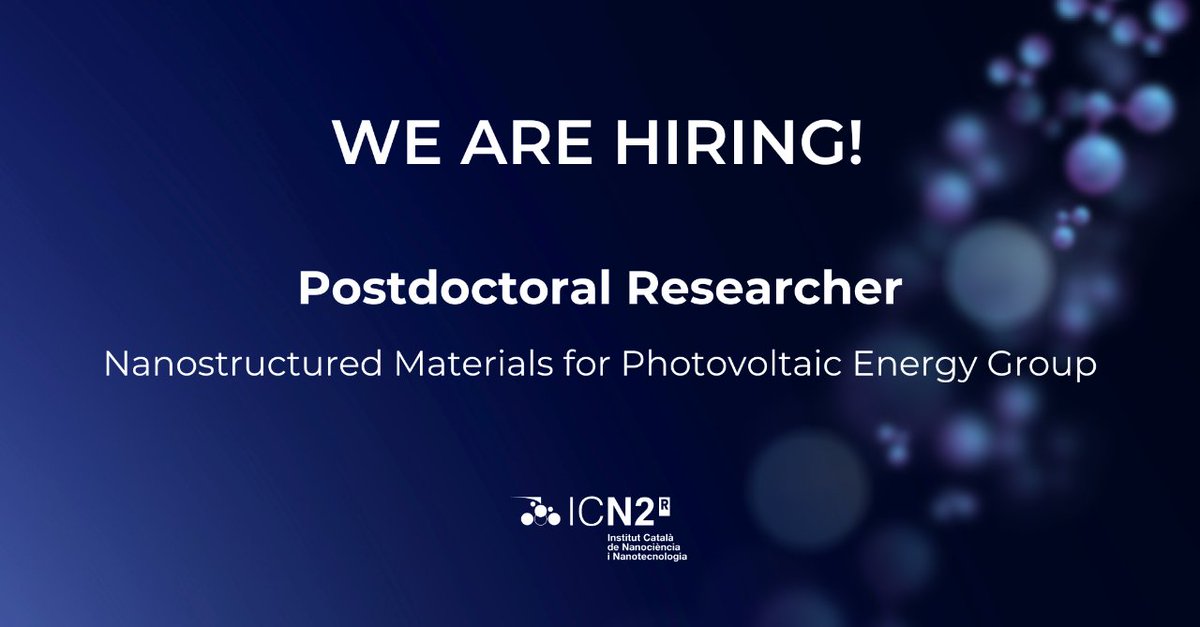 🔎 WE'RE HIRING! 👉 𝗣𝗼𝘀𝘁𝗱𝗼𝗰𝘁𝗼𝗿𝗮𝗹 𝗥𝗲𝘀𝗲𝗮𝗿𝗰𝗵𝗲𝗿 for the Nanostructured Materials for Photovoltaic Energy Group, led by CSIC Prof. @MonicaLiraCantu. 🎯 Apply here! i.mtr.cool/ygnrgwumsn 🔄 RT appreciated 🙏 #PhotovoltaicApplications #SolarCells