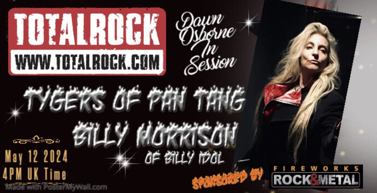 Next Dawn Osborne in Session is Tygers Of Pan Tang & Billy Morrison of the Billy Idol band on new solo album (with Ozzy) Sun May 12, 4pm UK time on TotalRock Sponsored by #Fireworks_Mag #tygersofpantang #billymorrison #ozzyosbourne #stevestevens #billyidol #stevevai #john5