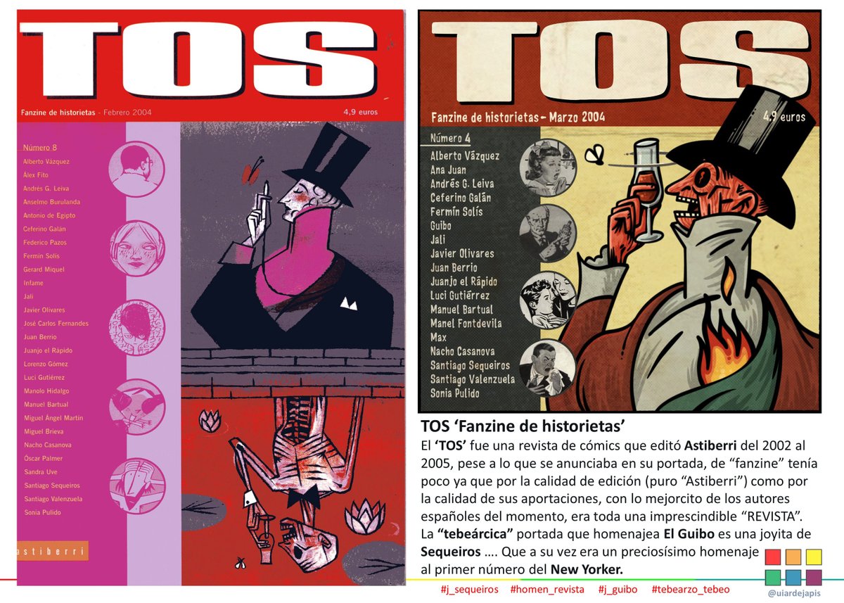 TOS ‘Fanzine de historietas’ Imprescindible revista.
Astiberri (2002-2005)
“Tebeárcico” homenaje  de El Guibo(#j_guibo @ElGuiBo) a la portada de Sequeiros (#j_sequeiros) ….  un precioso homenaje al primer número del New Yorker. 
 #homen_revista  #tebearzo_tebeo #homen_newyorker