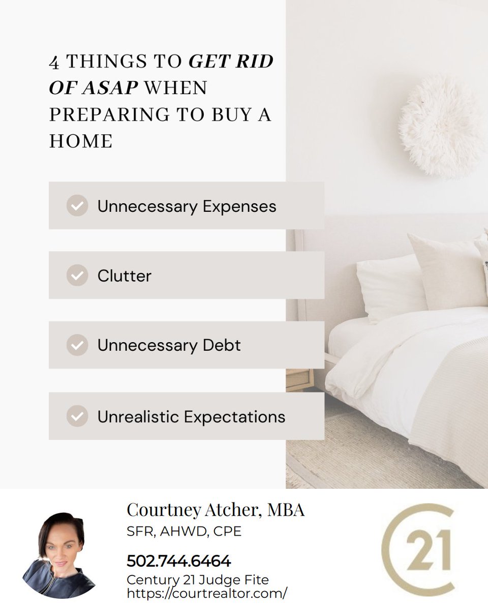 Buying a home? Ditch these 4 things: 1) Unneeded expenses - save for closing costs and essentials. 2) Clutter - ease your move. 3) Excess debt - improve mortgage terms. 4) Unrealistic expectations - stay practical. 

#homebuyingprep #budgetingtips #decluttering #financialhealth