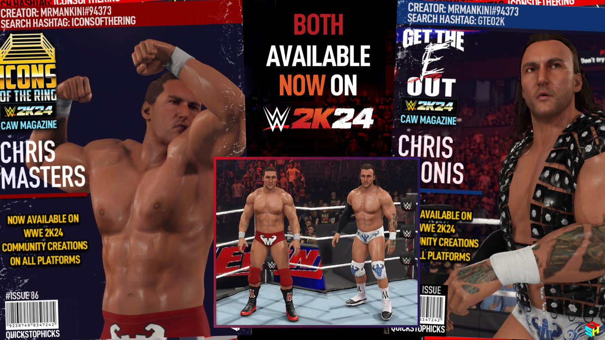 Pick up your copies of #WWE2K24 Icons of the Ring X @GTEO2K magazine featuring Chris Masters & Chris Adonis. Available now! Creator: @DW_federation / @PAC_Creates Attires: @MPCAWS Moves: @HarvAddy Render: @sinzhq Magazine Cover: @QuickStopHicks Search: #IconsOfTheRing