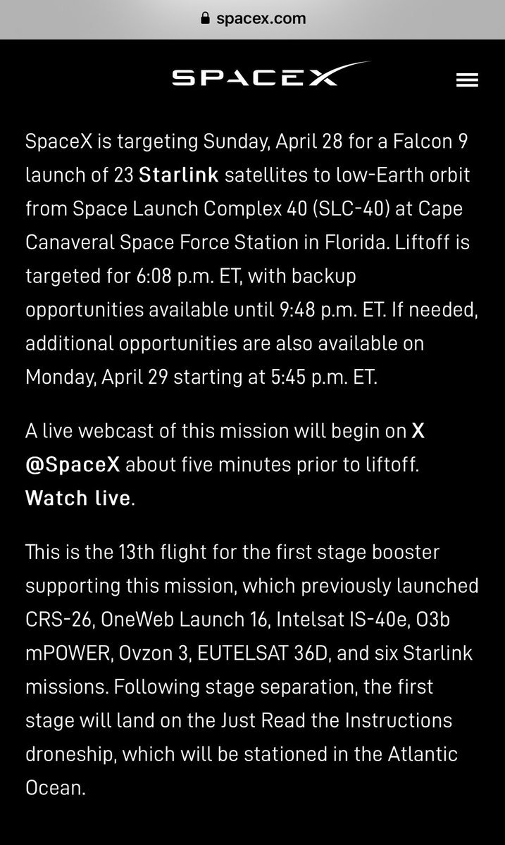 UPDATE: @SpaceX is now targeting 6:08pm EDT (2208 UTC) for tonight’s Falcon 9 - Starlink 6-54 launch from Cape Canaveral SFS, FL.