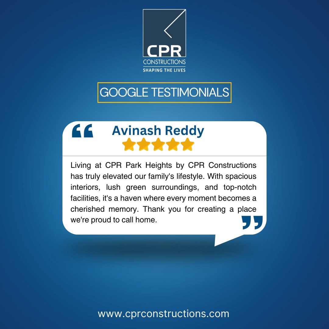 We thank Mr. Avinash Reddy for such a very positive google review. You can't feel it until you experience it. 

#GoogleReview #Testimonial #LuxuryApartments
#2BHKLiving #3BHKLiving #LuxuryRealEstate
#LuxuryLiving #GovernmentEmployees #CEO
#ManagingDirector #Owner #HomeBuyer