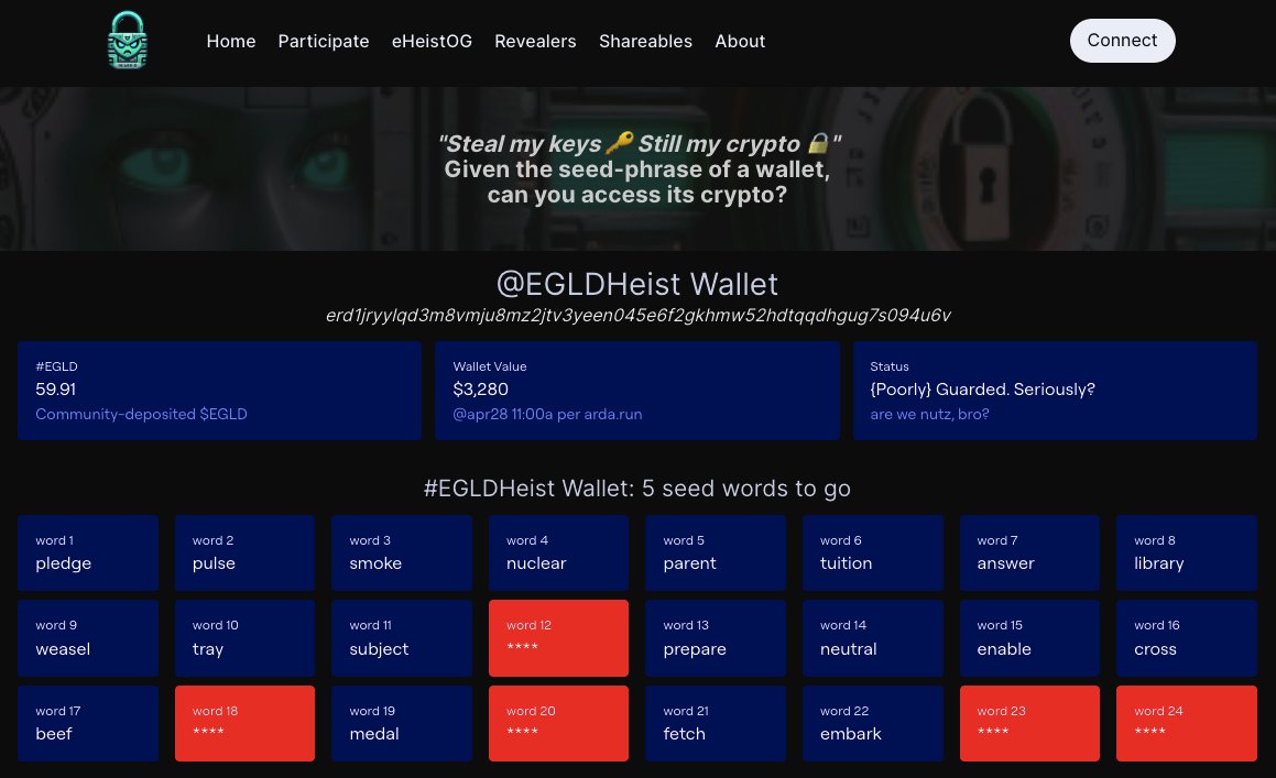 wdrewcurry's tweet photo. Can you believe we're down to 5 seed words before hackers can have at'r? Peeps, share the sh*t out of this, &amp; if you are waiting to grab your SFT to deposit to the wallet and try to get your eHeistOG SFT, better get on it! 
Thanks to @PeerMeHQ for word19 (medal)! @EGLDHeist https://t.co/vIfNkmb8se