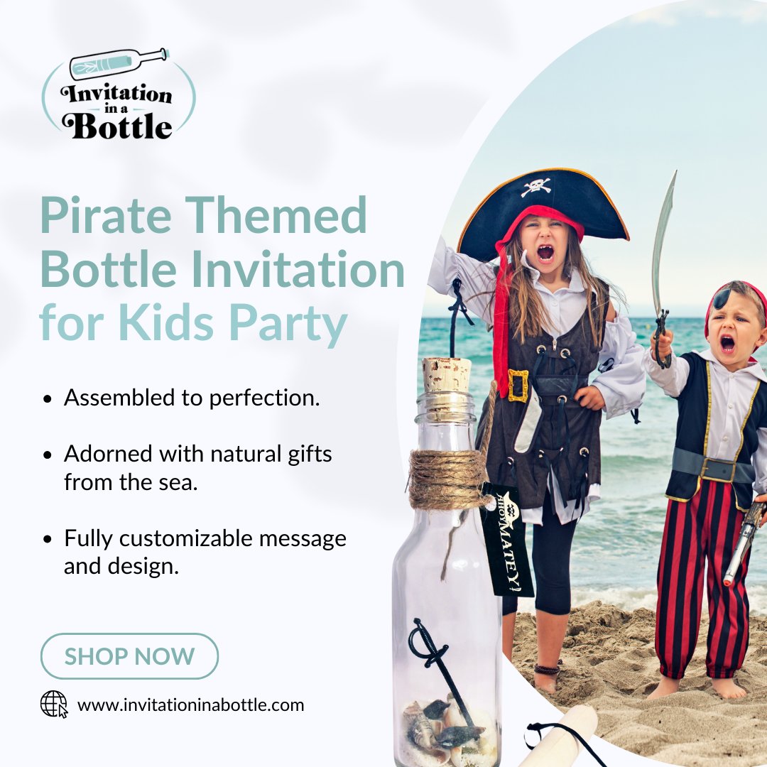 Hello, friends! Ready for a pirate party? 🏴‍☠️🎈 Find your special invite in a cool bottle! 💌🌊 #kidsparty #bottleinvitation #piratetheme 🎁 Let's party like pirates! ⚓ Order your bottle invitation now! 🛒📜

#invitationinabottle