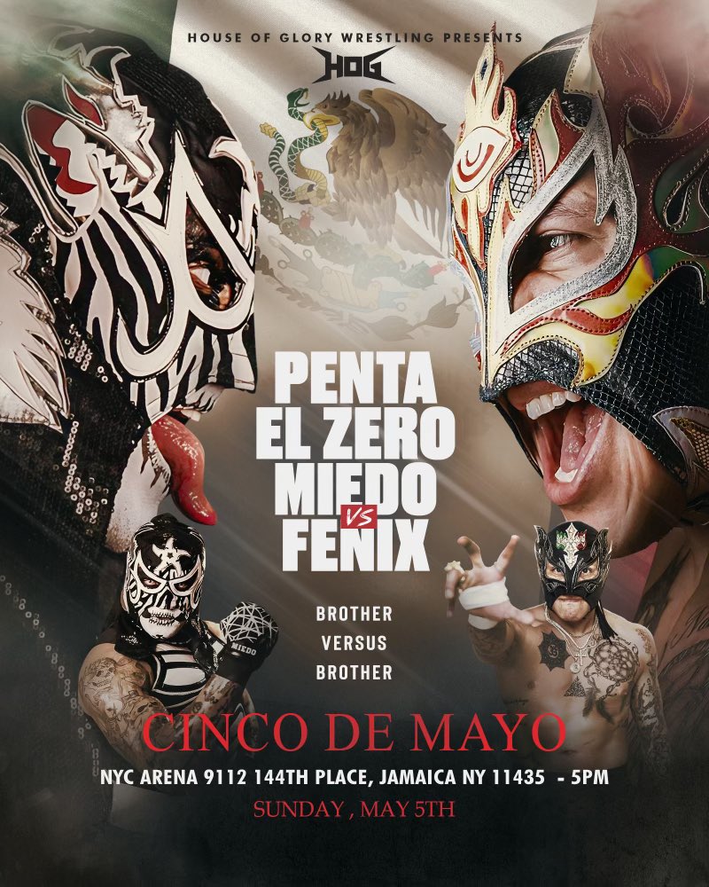 🇲🇽 There's no second-guessing this card.

Cancel your plans next Sunday and spend it watching @HOGwrestling #CINCODEMAYO.

ONLY with #TrillerTVplus👀
Start your FREE TRIAL NOW/Then $7.99/mo🔥

MAY 5 | 5pmET/2pmPT
▶️ bit.ly/HOGCincoDeMayo