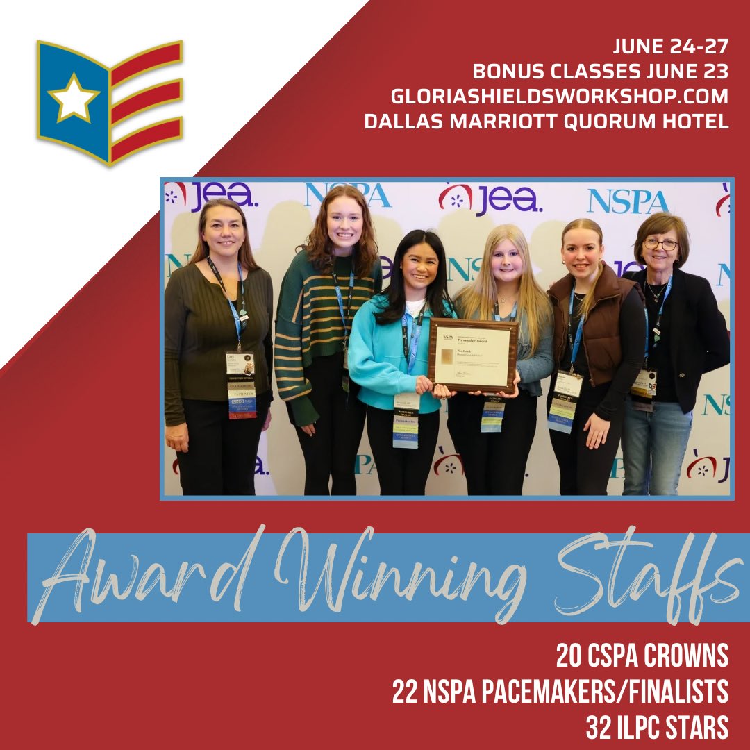 ONE-THIRD of <a href="/gs_workshop/">Gloria Shields Workshop</a> schools have won top state or national awards.
74 top awards…..and still counting! 
32 @ilpc10 Stars
22 <a href="/NSPA/">National Scholastic Press Association</a> Pacemakers/Finalists
20 <a href="/CSPA/">Columbia Scholastic Press Association</a> Crowns Register at gloriashieldsworkshop.com