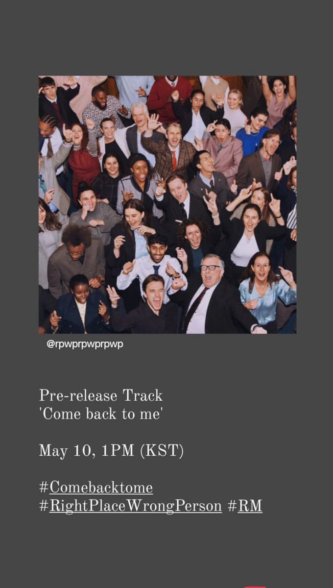 Pre-release track 'Come Back to me' by RM from his upcoming album 'Right Place, Wrong Person' is coming! 📆 May 9 ⏰ 10PM MDT Presave ▶️ presave.umusic.com/rightplacewron… #RightPlaceWrongPerson #ComebackToMe #RM #BTSARMY @BTS_twt