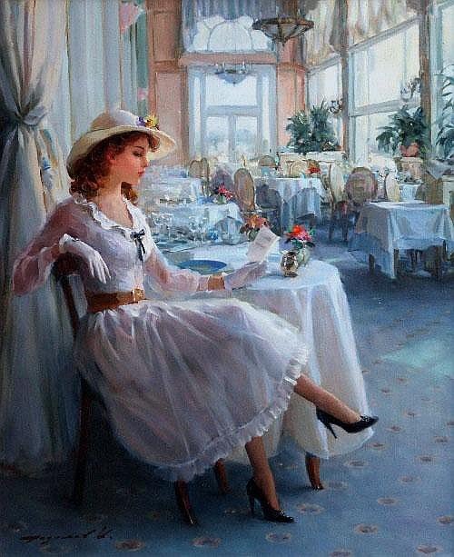 KONSTANTIN RAZUMOV Pintor Ruso Realismo- Impresionismo Nació en 1974 Óleo s/ Lienzo - 53,5 x 44,5 cm 'Sentada en el Hotel Couberg'