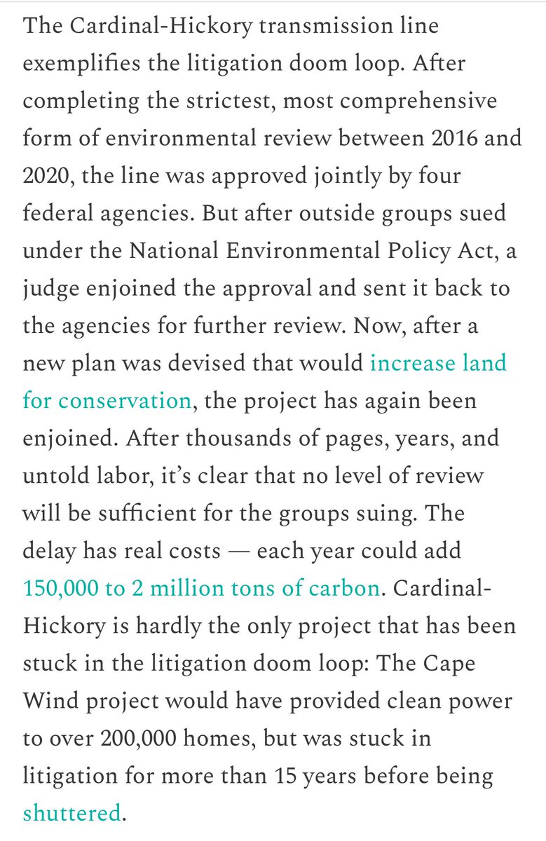 .@ArnabDatta321 and @EnergyLawProf have an important piece in @mattyglesias’s Slow Boring today looking at how clean energy projects can get stuck in an indefinite cycle of environmental review, judicial injunction, and then remand for more review. slowboring.com/p/we-must-end-…