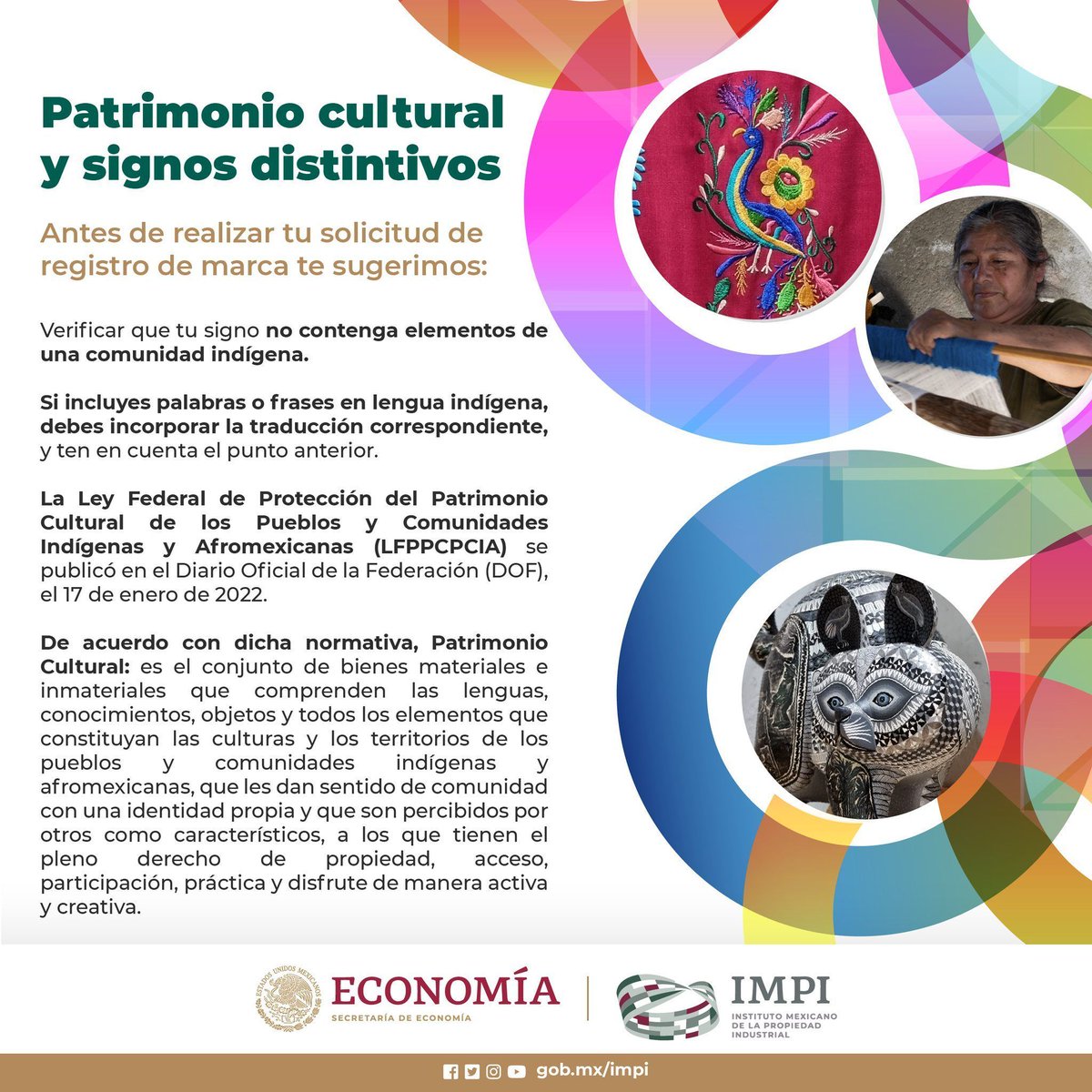 ¡INFÓRMATE! Si tu registro de marca vas a presentar la siguiente información debes consultar: Ley Federal de Protección del Patrimonio Cultural de los Pueblos y Comunidades Indígenas y Afromexicanas. buff.ly/49THzDW