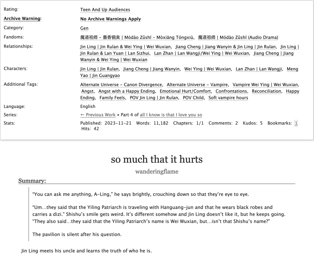 so much that it hurts
pt 4 in a #Wangxian vampire AU
11k, G, complete, #JinLing POV

🌙JL meets his uncle
🌙JL hears about the YLLZ
🌙JL learns that one person can go by two names...

Or, what would happen if JL met WWX before he'd been taught to hate him?

Link below ⬇️