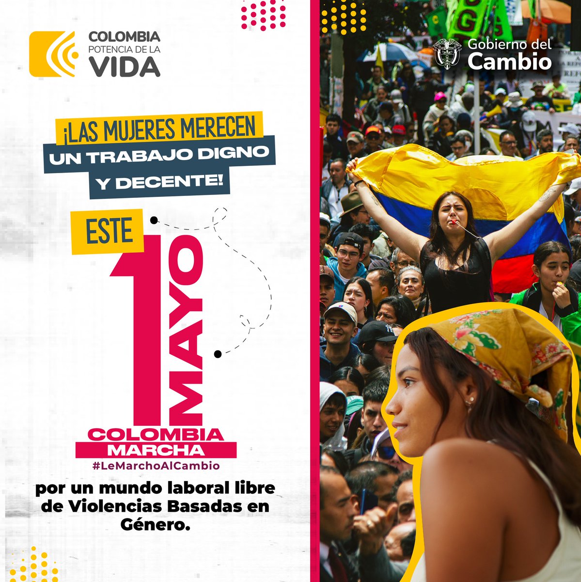 Colombia camina hacia la equidad de género a pasos agigantados. 💟 Por la igualdad de derechos y oportunidades para todos, #LeMarchoAlCambio. El 1ro de mayo defendemos la libertad de las mujeres, para que ni una más sea oprimida ni violentada.