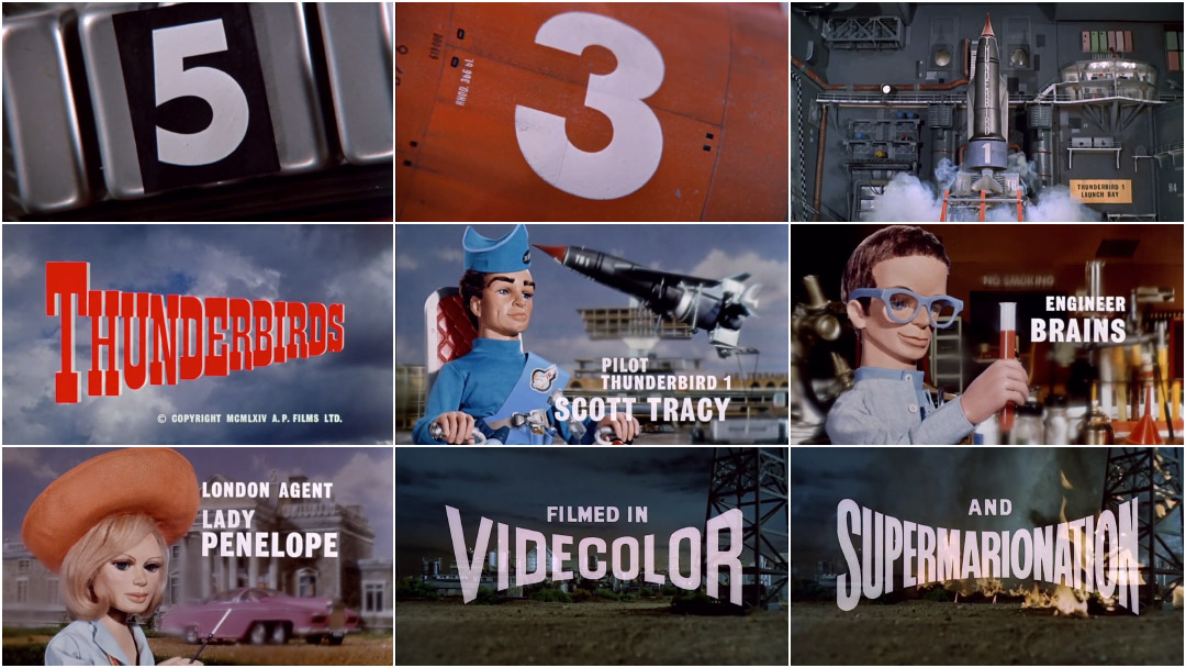 The initial countdown, 'Thunderbirds Are Go!', followed by a teaser then the character titles with the silhouettes segueing into the faces. As @JazWiseman comments in his visual design book, 'One of the most iconic British television opening title sequences to have been created.'