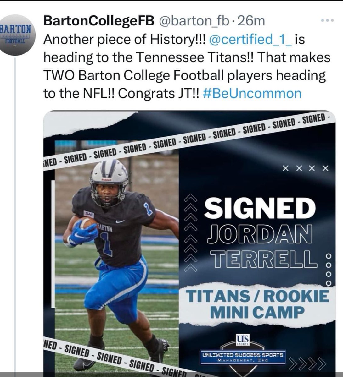Jordan Terrell, JT, signs with the Tennessee Titans!    I dont think tgey know what they have got!  Congratulations JT!