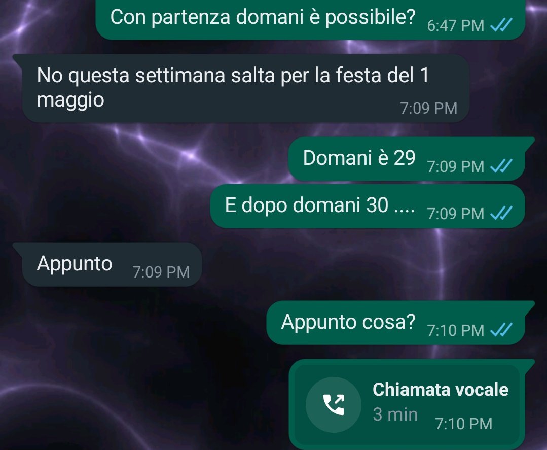 Mozzarelle di Bufala
Caffè 
25 Aprile, 1 Maggio, le consegne slittano di due settimane, nel senso che in quelle due settimane 0 consegne.
Poi parliamo di produttività, di margini, di lavoro e cazzate varie.
Amazon non ha saltato 1 giorno.
Paese devastato dall'incapacità