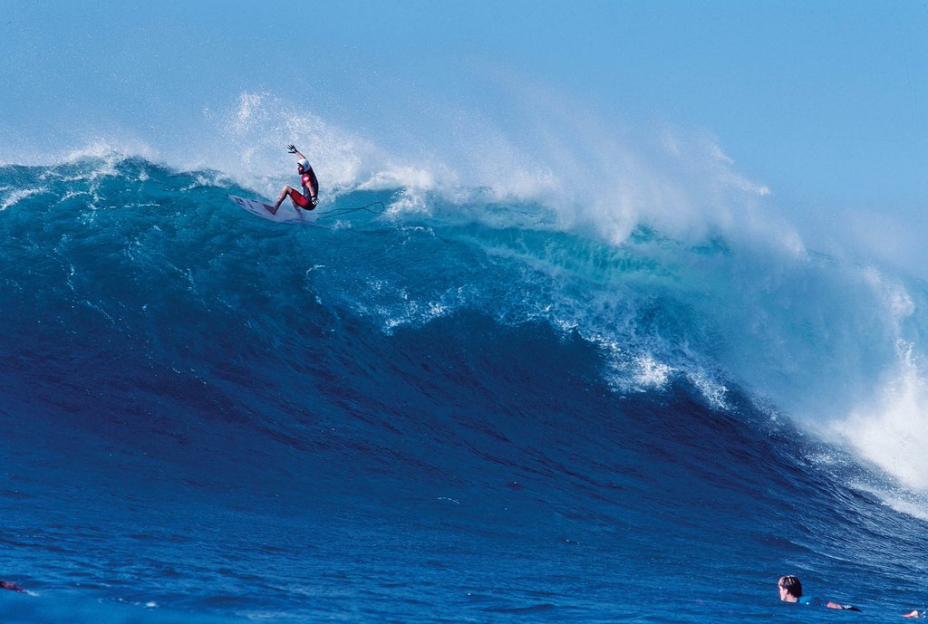 Richard Schmidt, Sunset Beach, 1996. “This was one of the craziest floater attempts I’ve ever seen,” says photographer John Bilderback. “Everybody wants to know if he made it. Well, he made a real valiant effort.” surfersjournal.com/editorial/john…