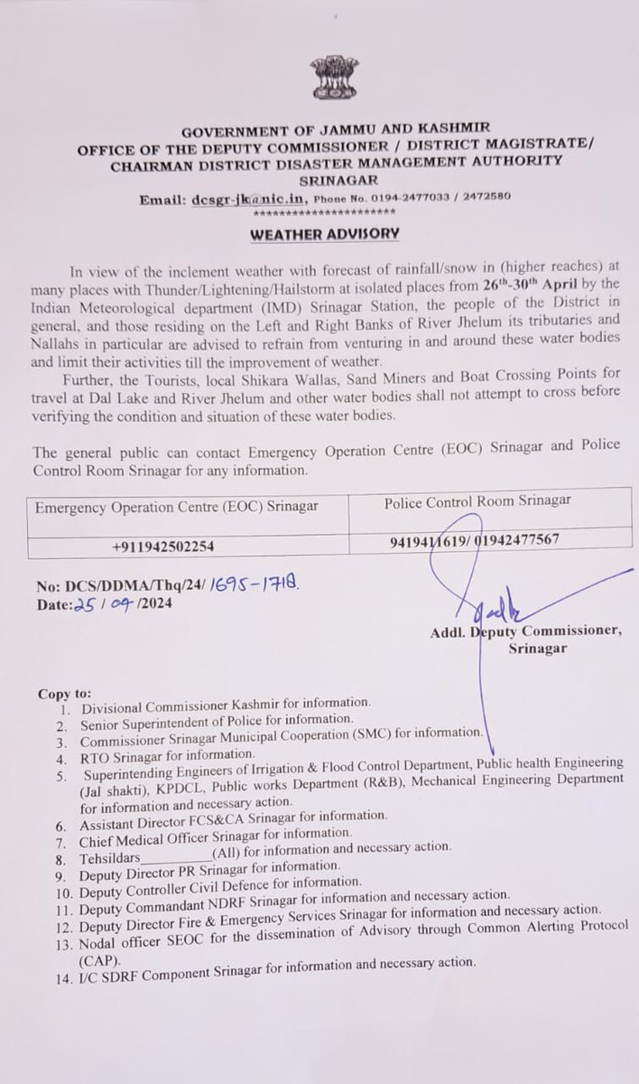 Weather Advisory from District Administration Srinagar/Chairman District Disaster Management Authority Srinagar @diprjk @ddnewsSrinagar @DrBilalbhatIAS