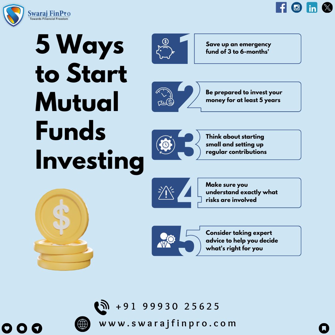 5 Ways To Start Mutual Funds Investing. Plant the Seeds of Prosperity with Mutual Funds. Invest Now! With Swaraj Finpro.

#mutualfunds #investing #wealthbuilding #financialplanning #personalfinance #marketstreet 

🌐swarajfinpro.com
📞𝟗𝟗𝟗𝟑𝟎𝟐𝟓𝟔𝟐𝟓