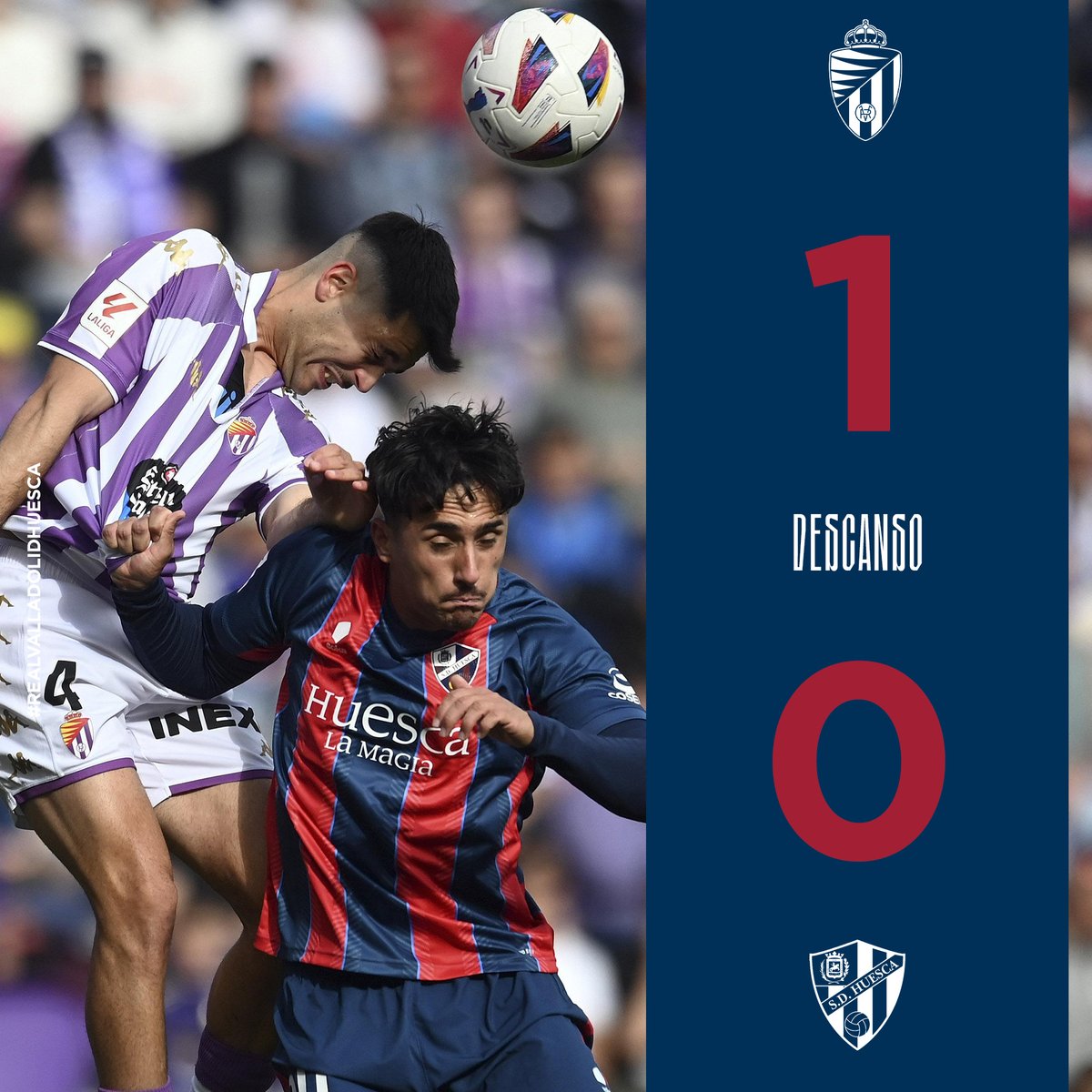 DESCANSO | Terminan los primeros 45'. El rival fue mejor en el arranque y el Huesca niveló las fuerzas conforme el paso de los minutos aunque costándole en ataque. Debemos seguir, ¡Vamos a dar un pasito más! 1-0 | #RealValladolidHuesca 🔵🔴