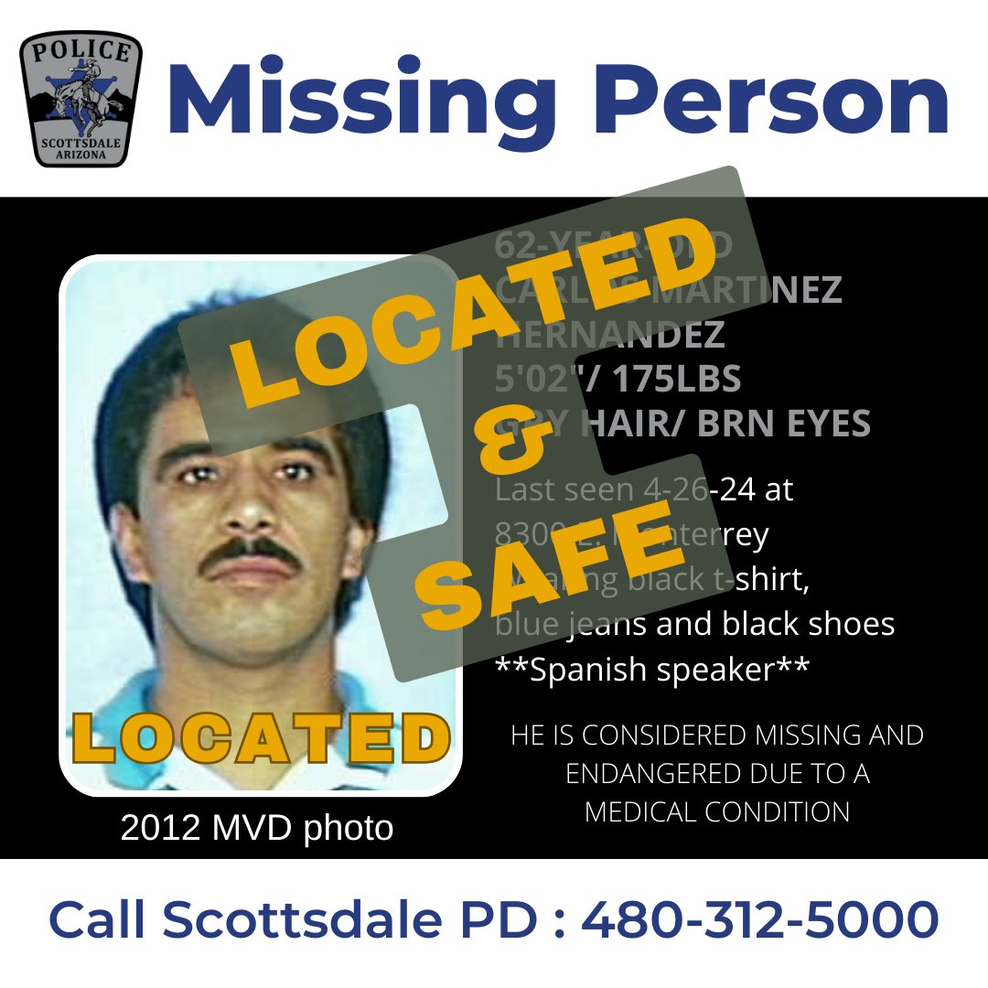 🚨#MissingPersonUpdate
Carlos has been found and is safe. Thank you to everyone for your assistance.