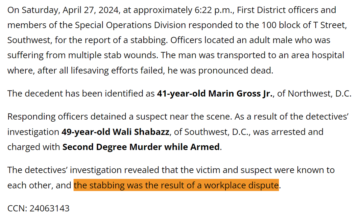 Good work by MPD to quickly make an arrest. No public records of prior arrests of this suspect other than possibly 1 misdemeanor back in 1997. This kind of workplace violence (especially with a knife rather than a gun) is incredibly hard to prevent.