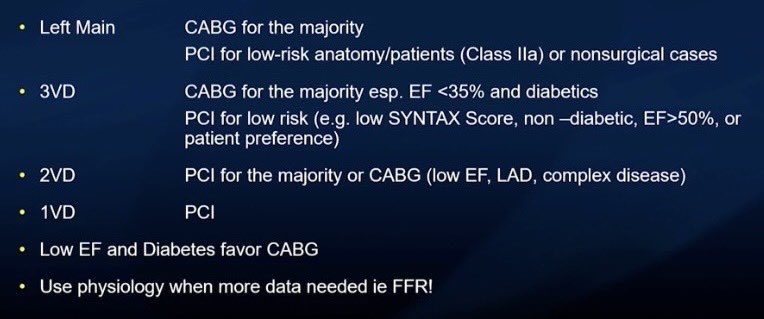 A starter breakdown for CABG vs PCI 🤜🤛 🔑 points: 1️⃣ PCI in stable CAD relieves symptoms, but does not improve survival or reduce risk of MI 2️⃣ CABG in stable CAD can improve survival and reduce risk of MI, but is dependent on the severity of CAD, EF and presence of diabetes